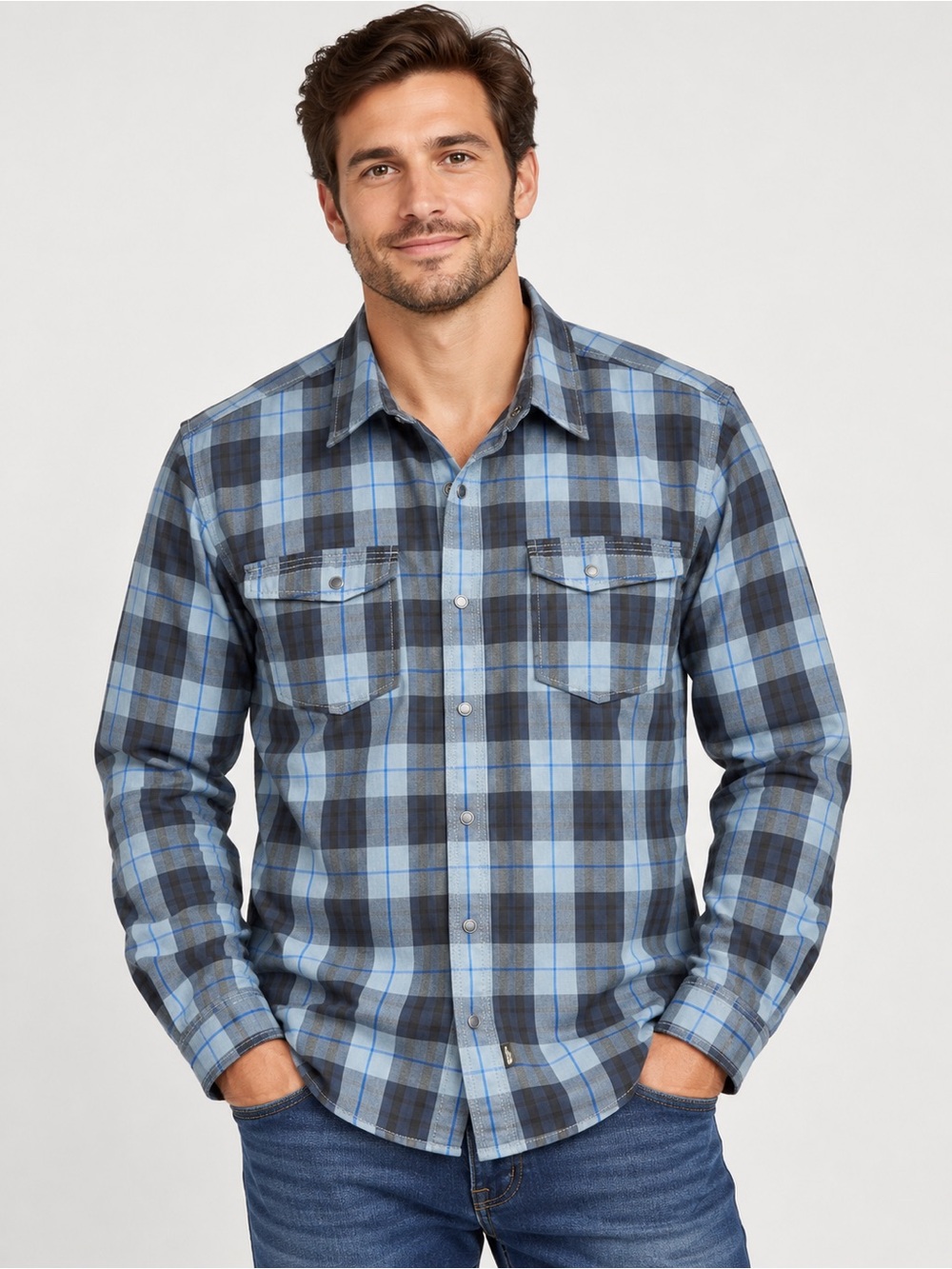 The North Face Men’s XL Plaid Snap Front Long Sleeve Shirt Blue Gray